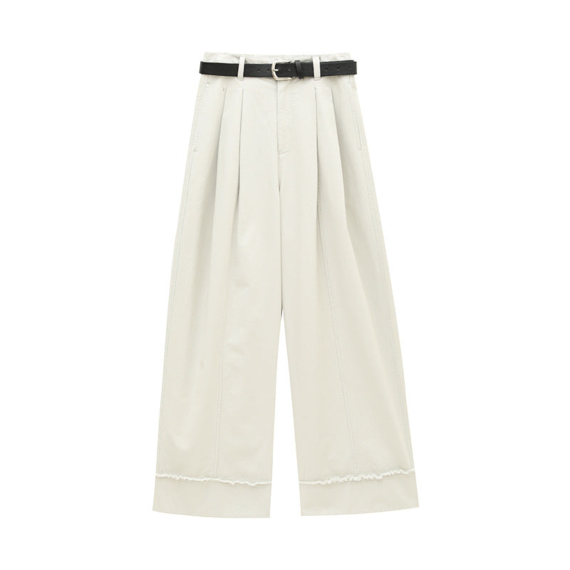 Versatile Frayed Wide-leg Pants with Belt