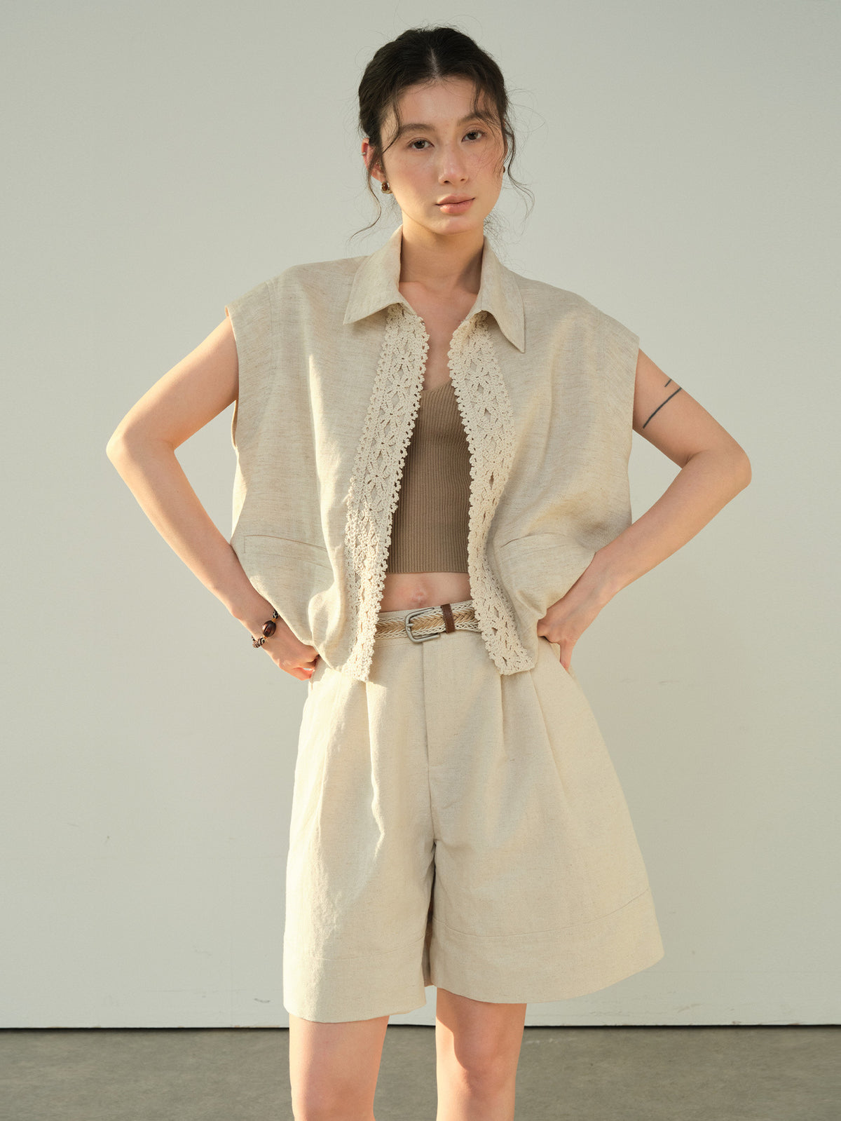 Linen Casual Wide-leg Belt Shorts