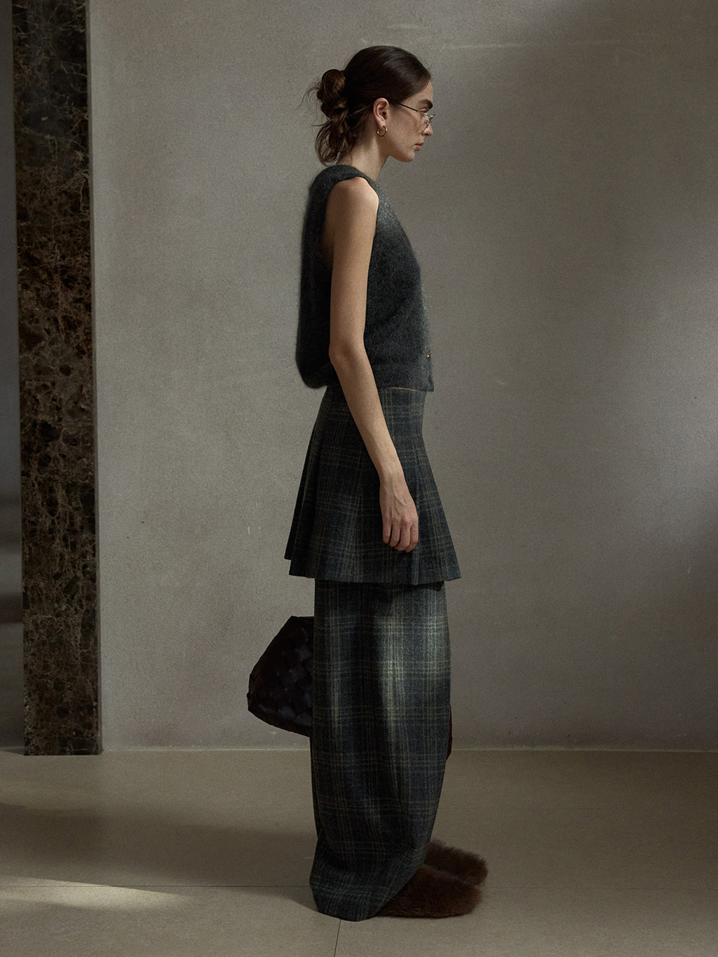 Wool Vintage Style Plaid Pleated Short Skirt