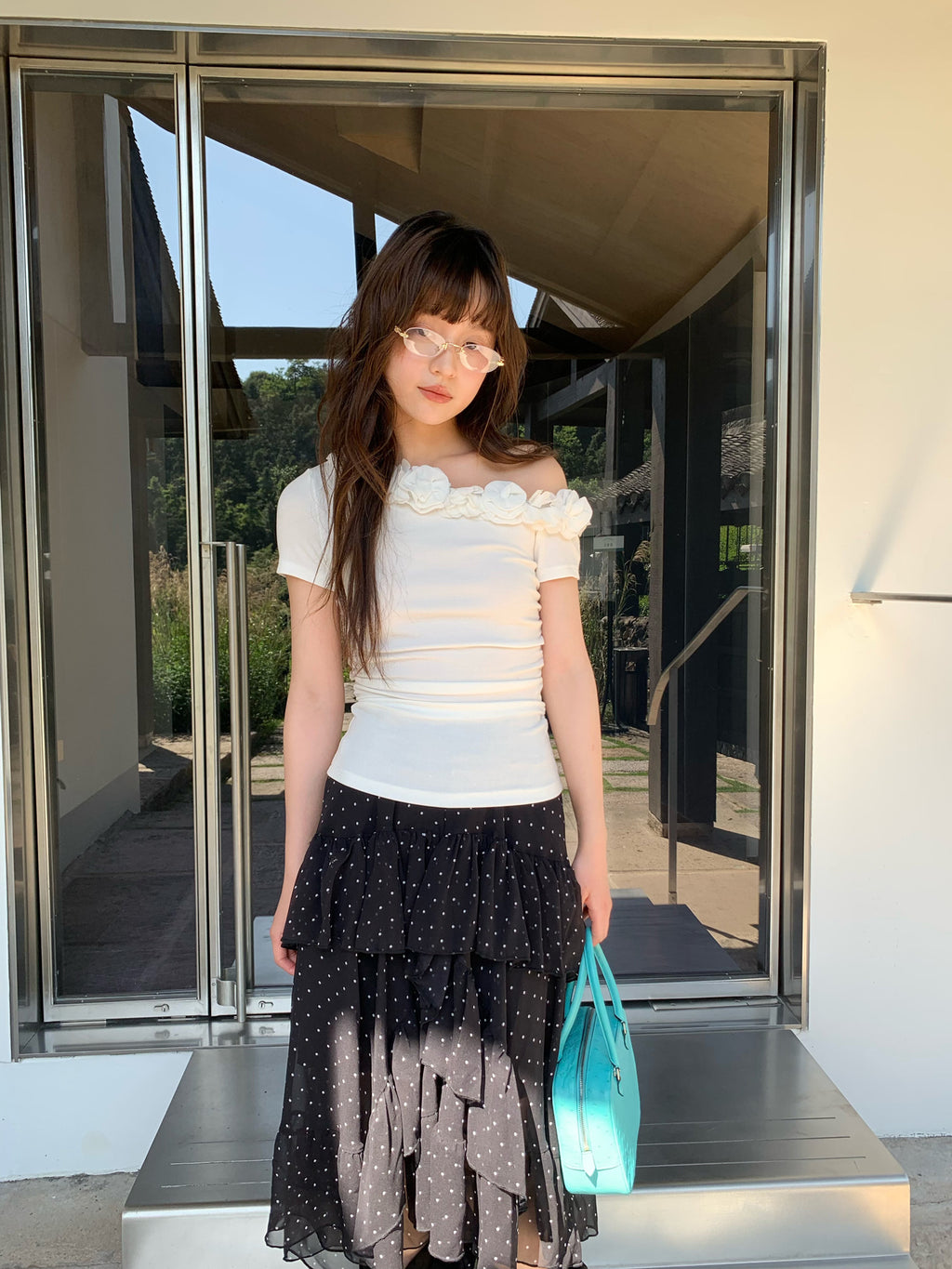 Floral Appliqué Off-Shoulder Knit Top
