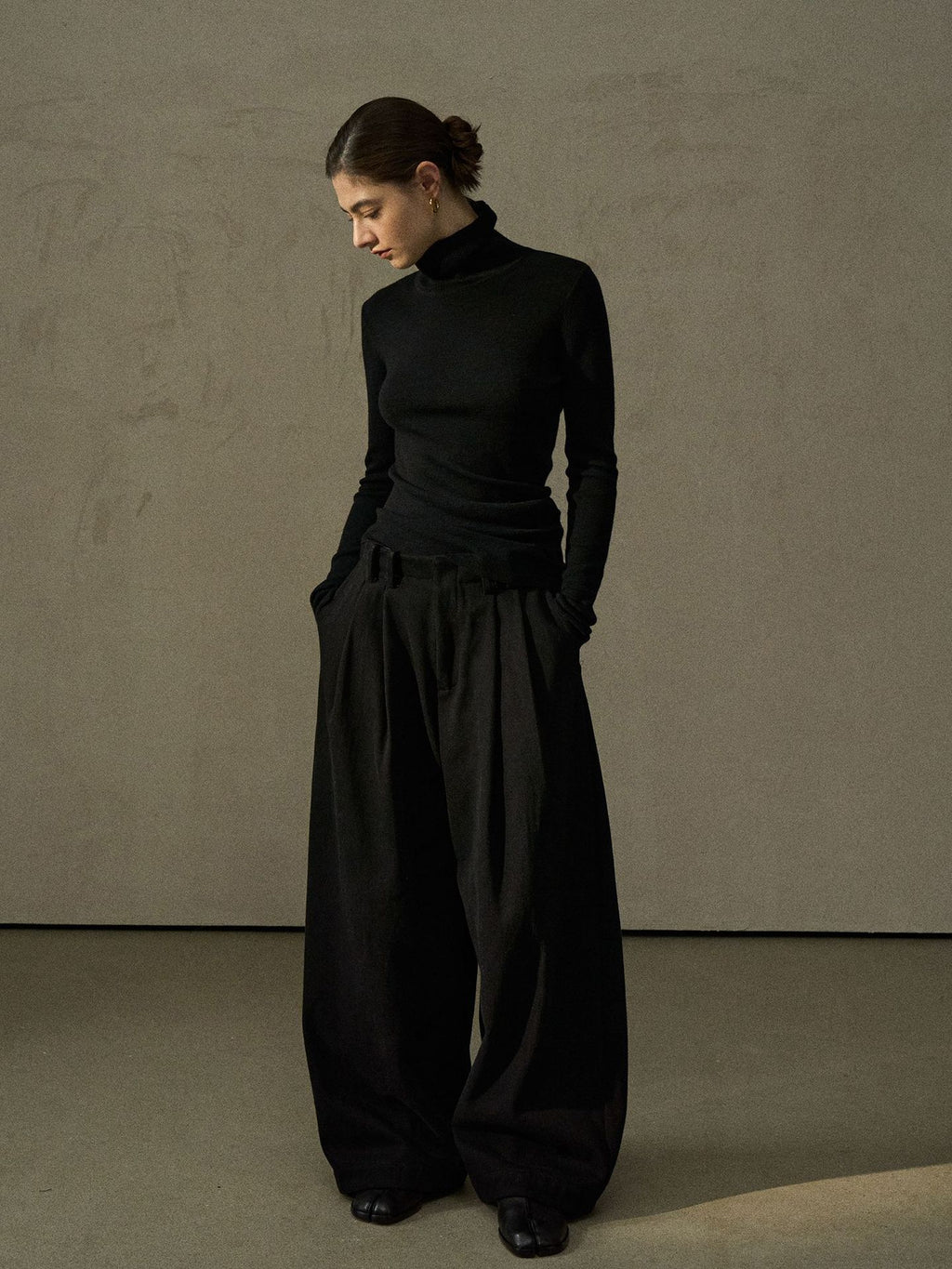 Twill Brushed Fleece Pleated Wide-Leg Pants