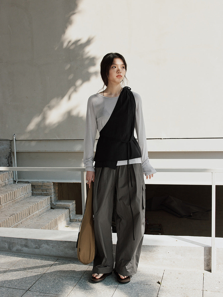 Drawstring Wide-Leg Nylon Cargo Pants