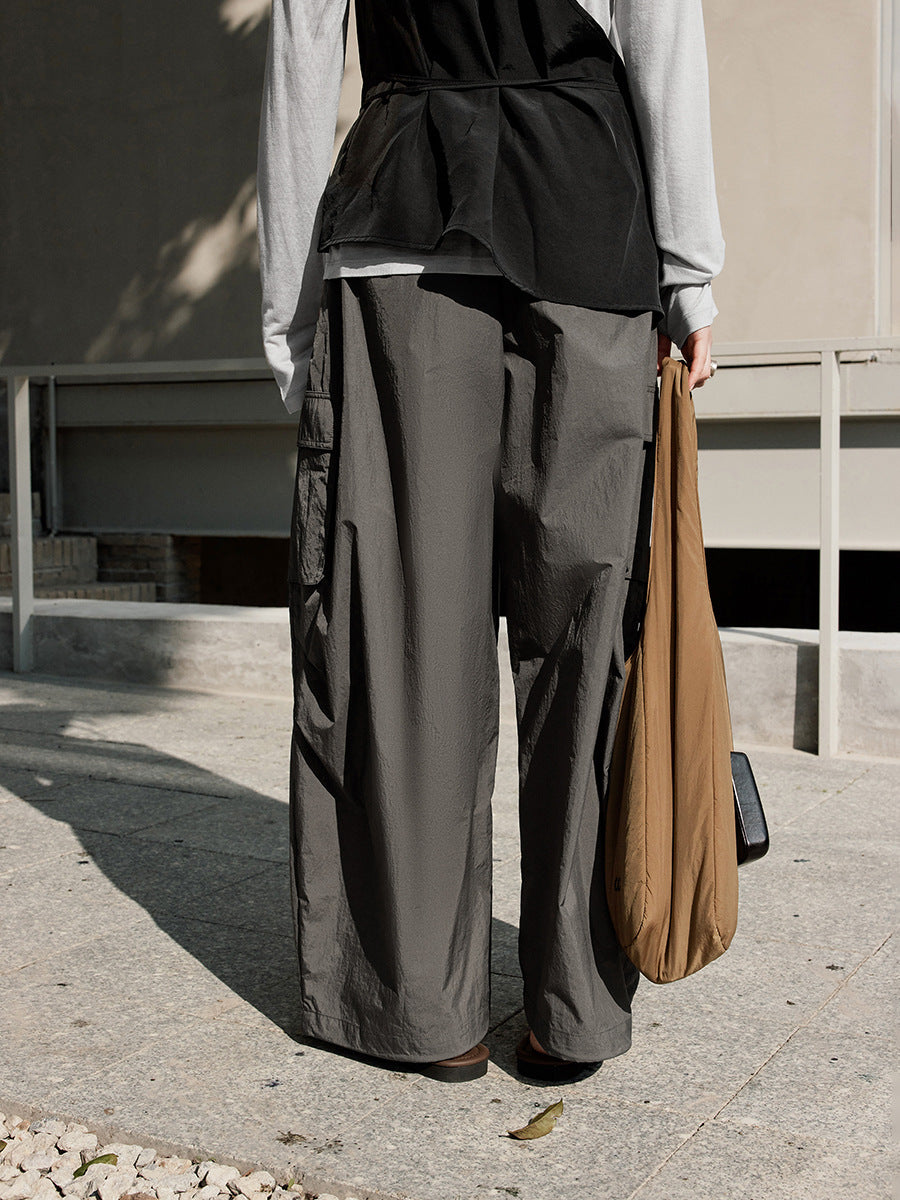 Drawstring Wide-Leg Nylon Cargo Pants