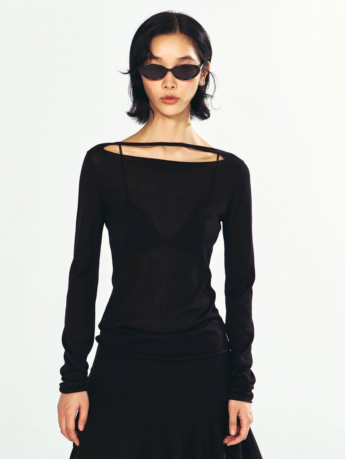 Open Front Cut Long-Sleeve Knit Top