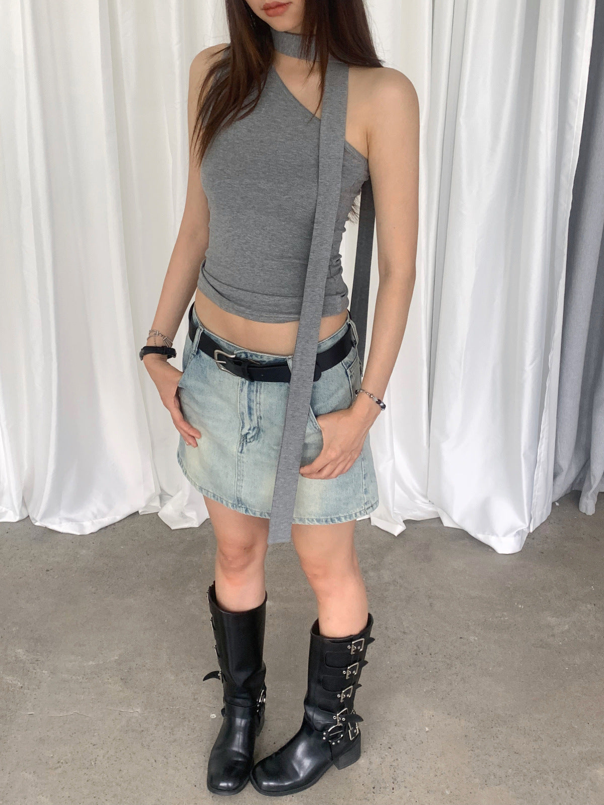 One Shoulder Mock Neck Scarf Tank Top