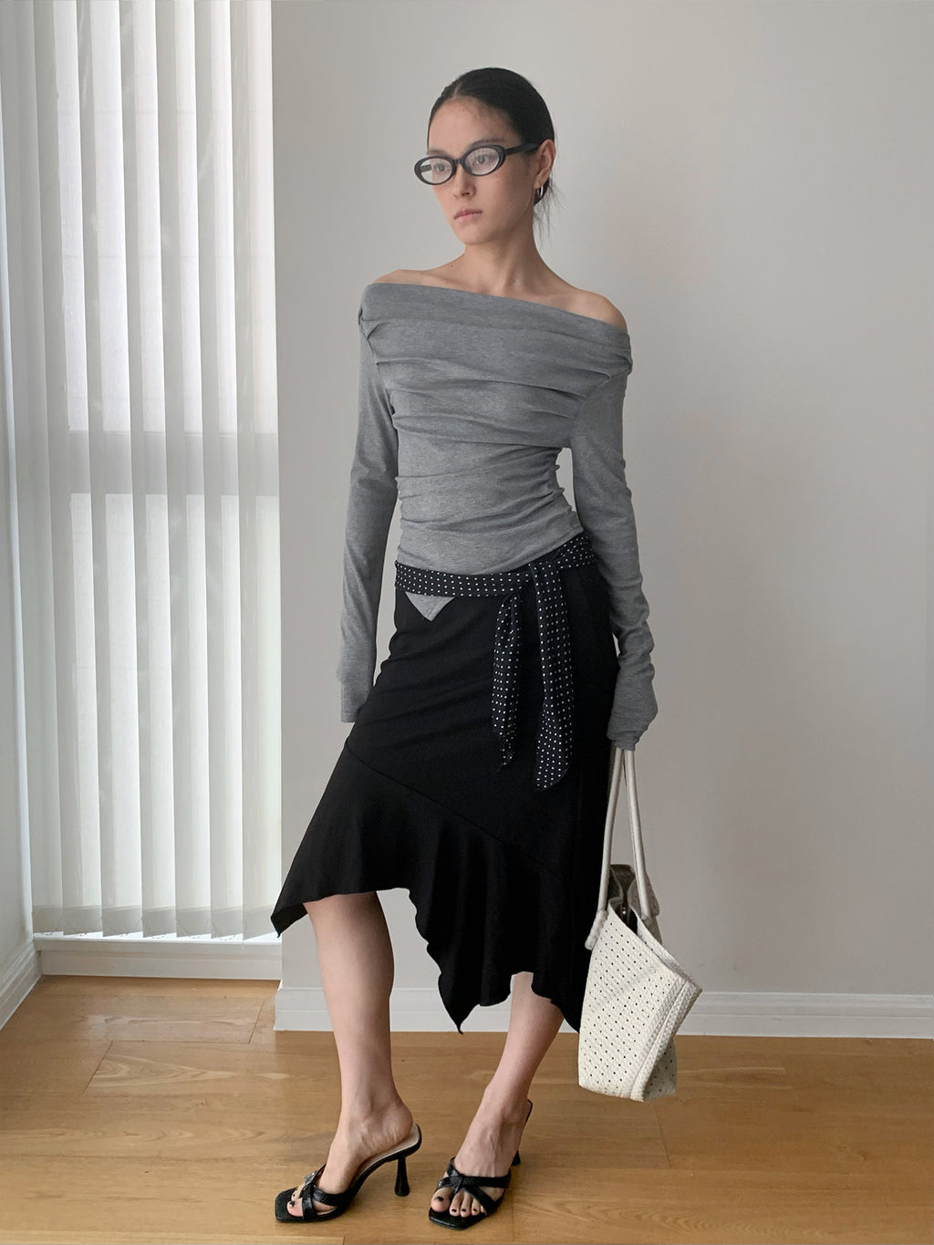 Off-Shoulder Boat Neck Ruched Long Sleeve Top