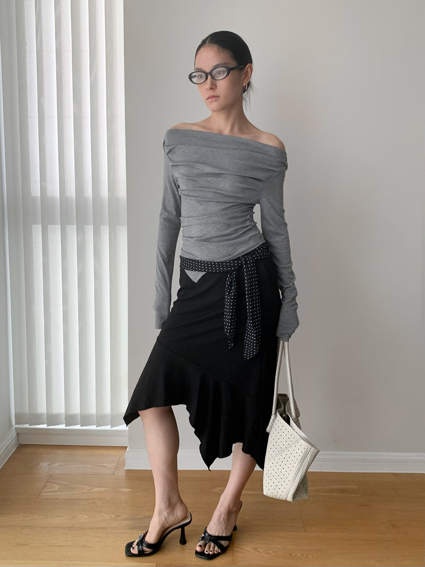 Off-Shoulder Boat Neck Ruched Long Sleeve Top