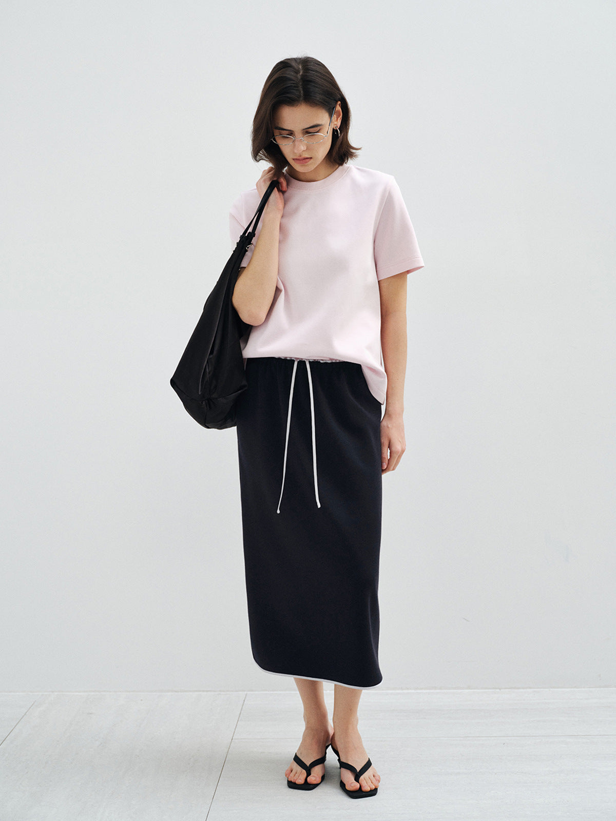 Drawstring Waist Straight Midi Skirt