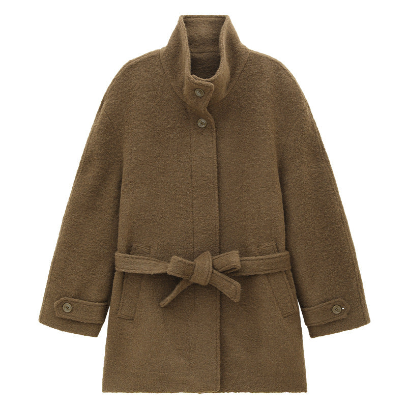 Solid Color Alpaca Warm Wool Coat with Waist Belt