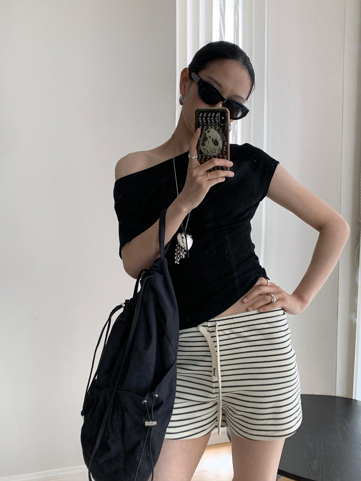 Draped Off Shoulder Boat Neck Ruched Fitted Top