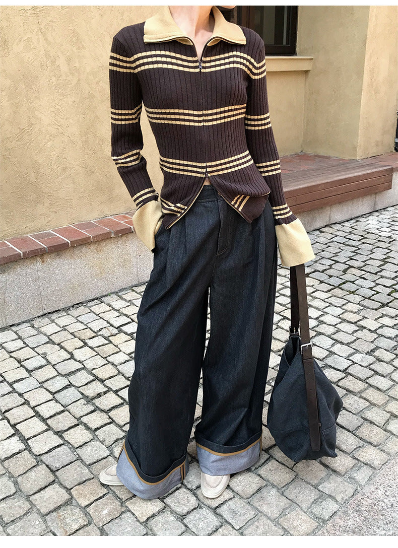Flared Sleeves Slim Striped Zip-Up Knitted Sweater Cardigan Top