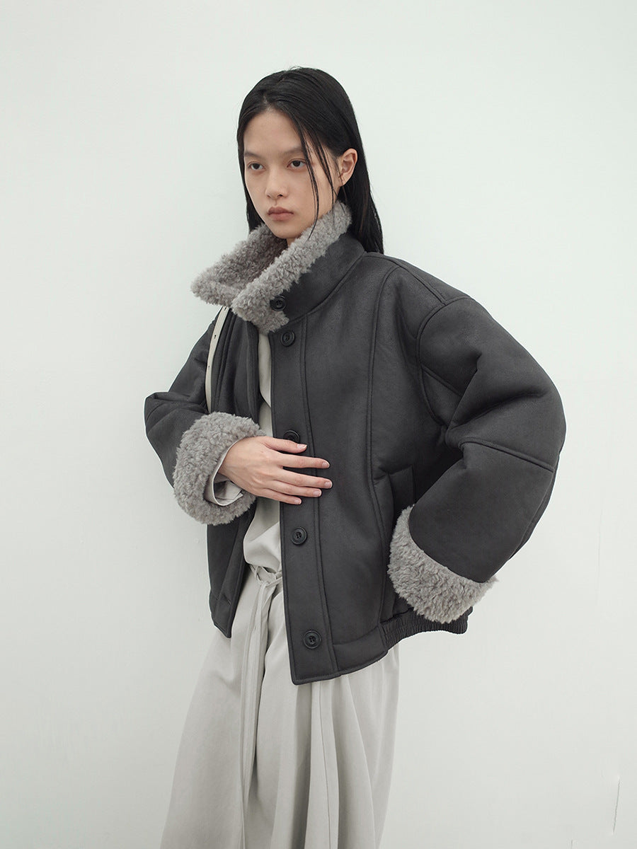 Love and Nancy Thirteen Lines Minimalist Winter Vintage Bane Style Wool Collar Patchwork Thickened Warm Fur Integrated 03511