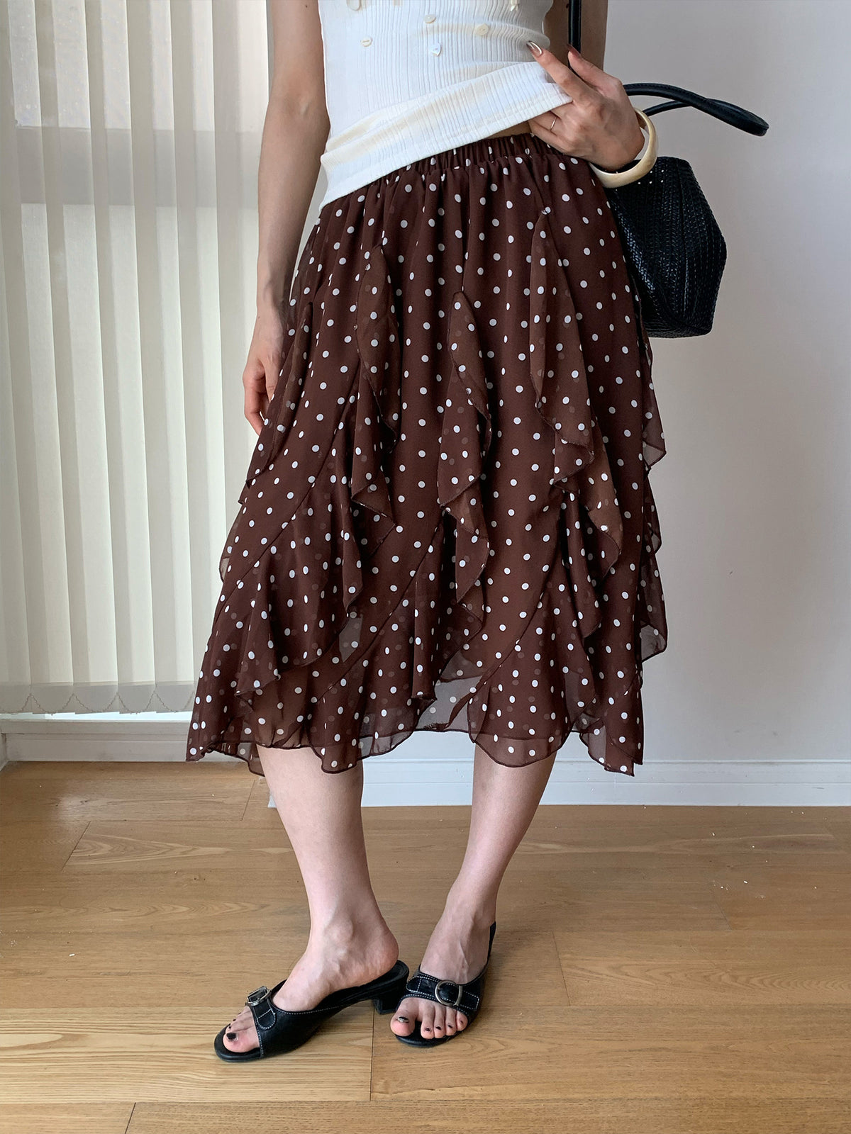 Polka Dot Print Patchwork Irregular Hem Midi Skirt