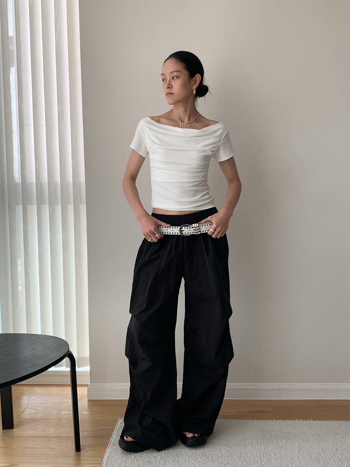Draped Boat Neck Ruched Fitted T-Shirt