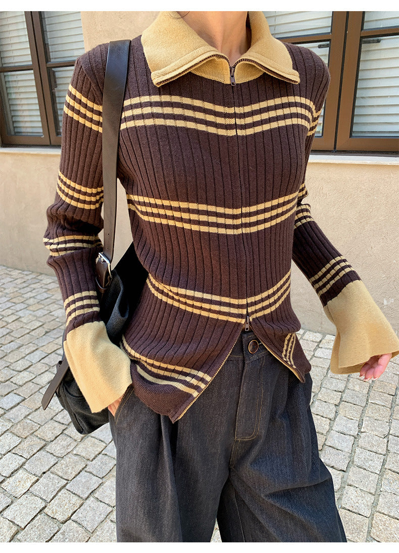 Flared Sleeves Slim Striped Zip-Up Knitted Sweater Cardigan Top