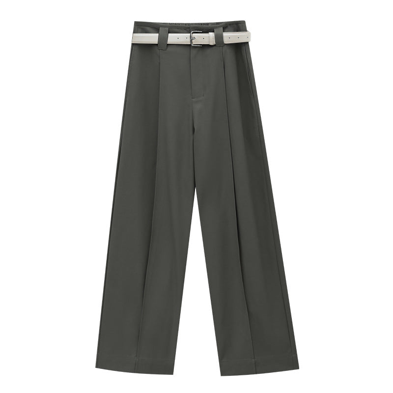 High Waist Double Pleated Straight Leg Tencel Trousers with Belt