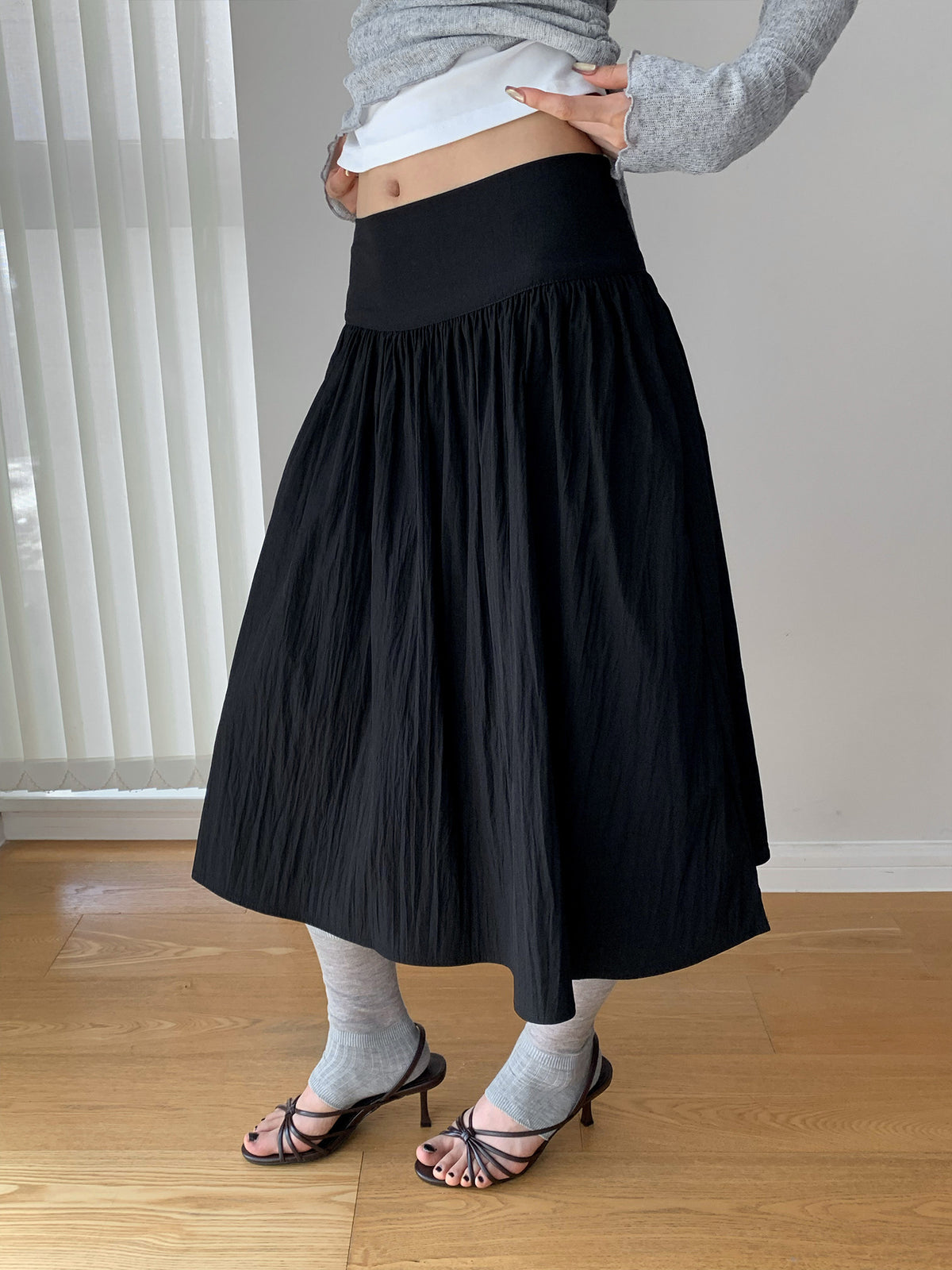 Pleated Textured High-waisted A-line Midi Skirt