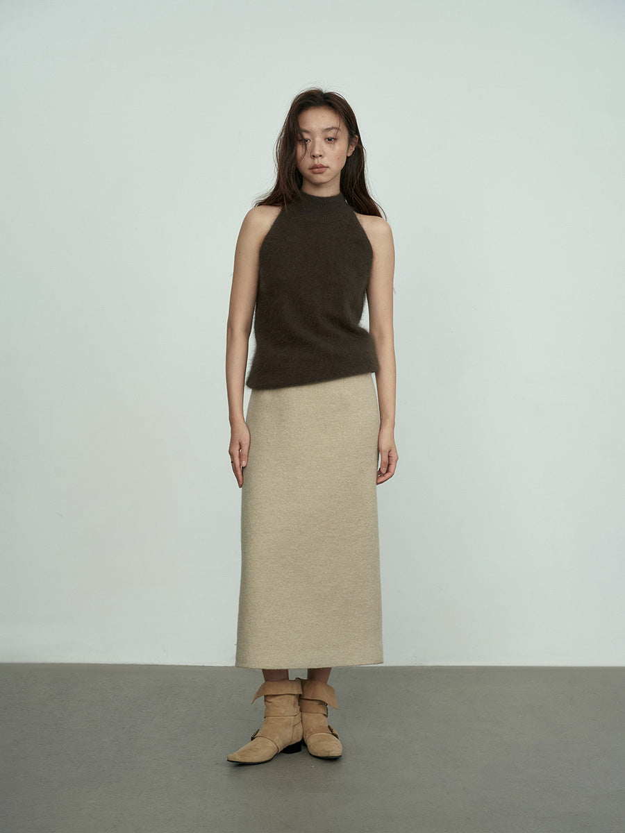 Fuzzy Knit High-Neck Sleeveless Sweater Top