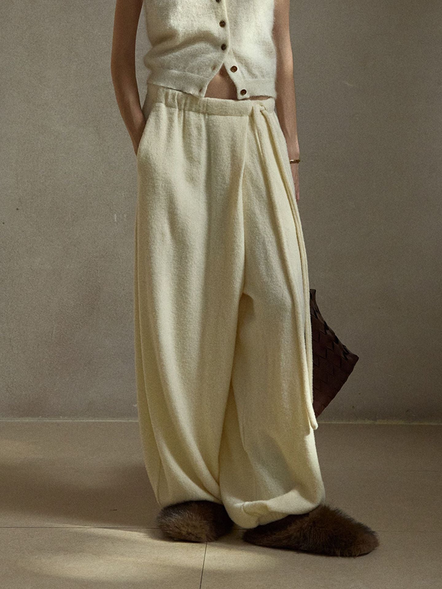 Asymmetrical Drawstring Waistband Soft Textured Wide-Leg Pants