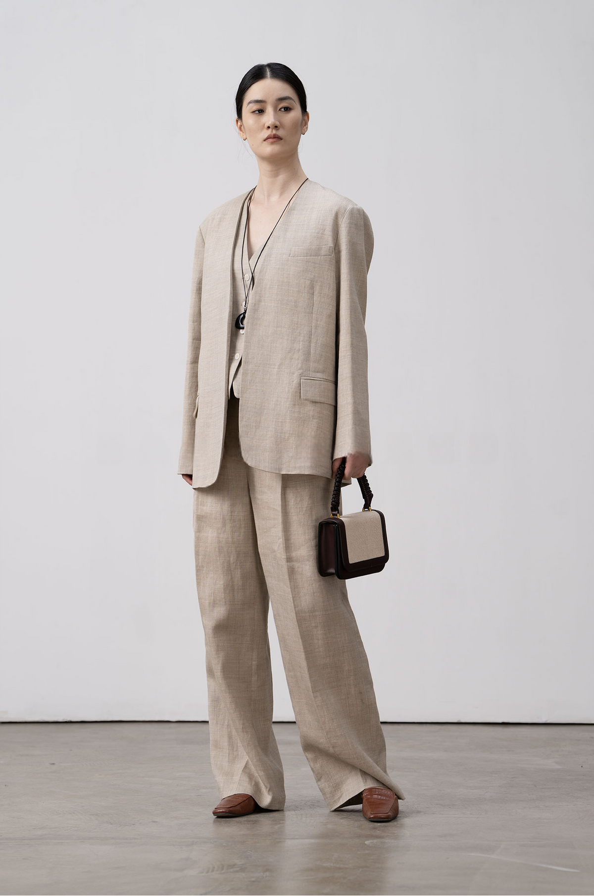 Premium Ramie Loose Oversized Suit Blazer and V-Neck Top