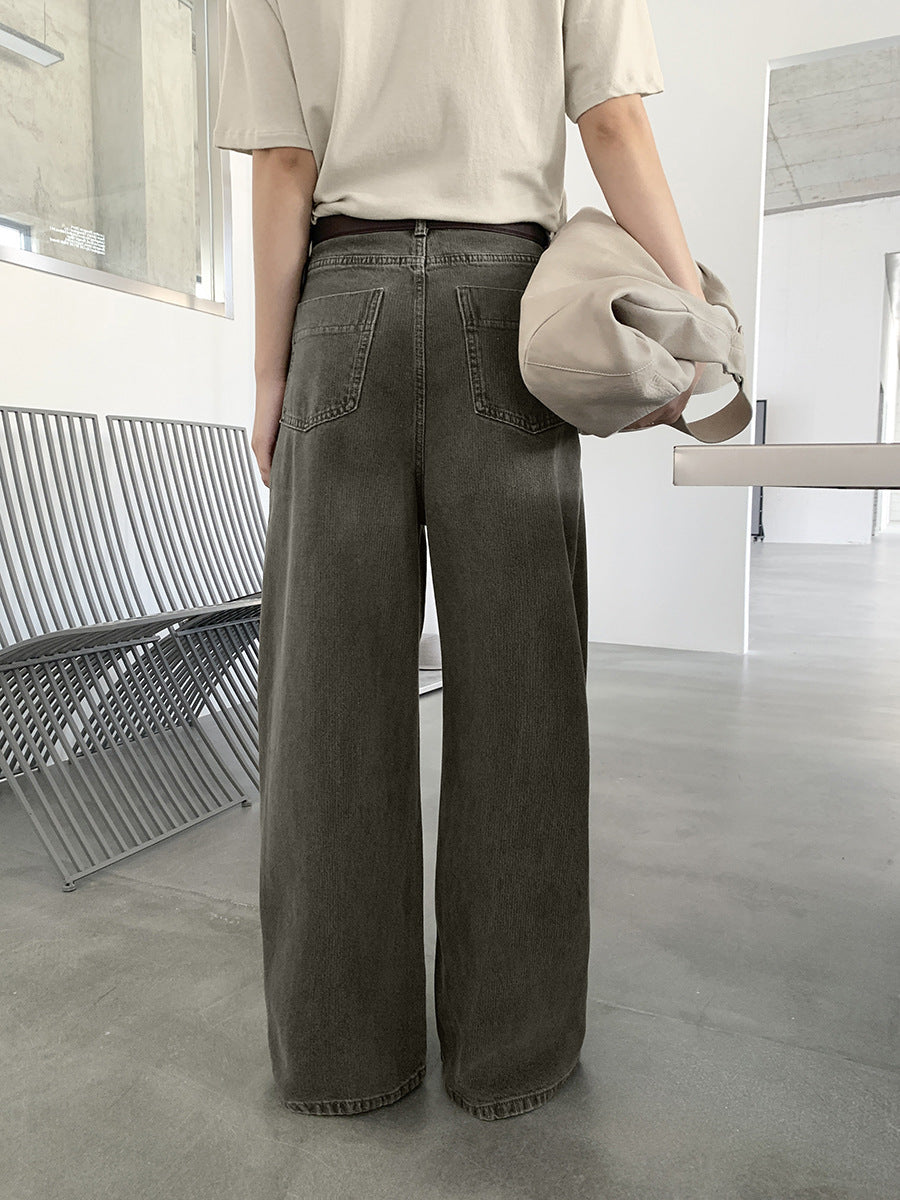 High-Waist Distressed Washed Wide-Leg Jeans
