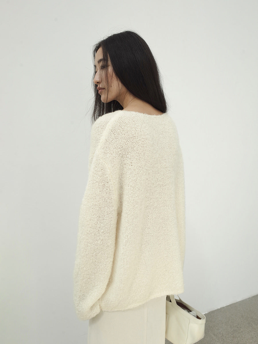 Textured Drawstring Mohair Wool Neck Knit Long-Sleeve Top