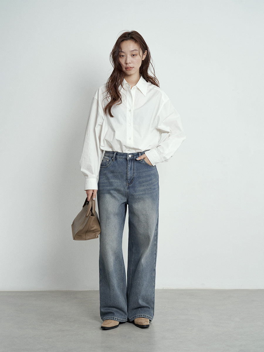High-Rise Casual Straight-Leg Washed Jeans