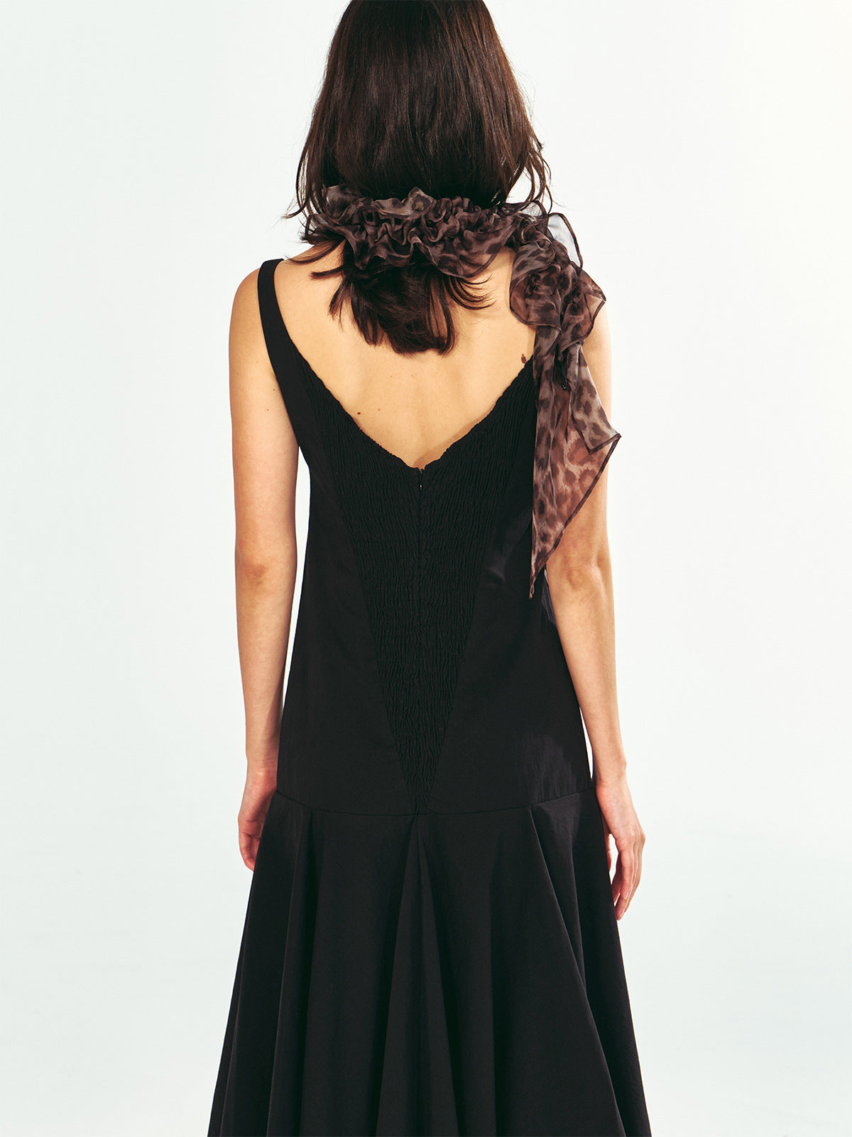 Square-Neck Fitted Bodice Midi Dress with Gathered Flare Skirt