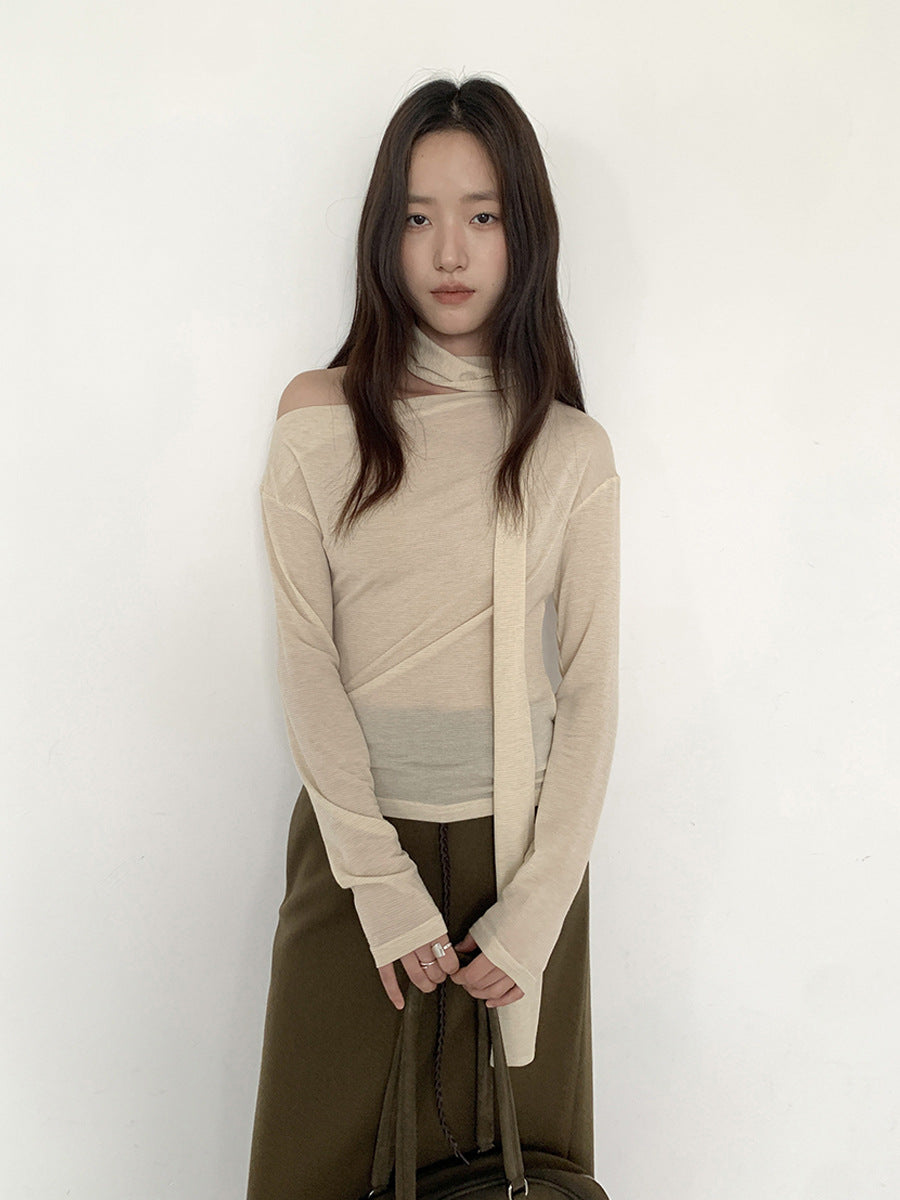 Asymmetric Off-Shoulder Draped Knit Top with Scarf