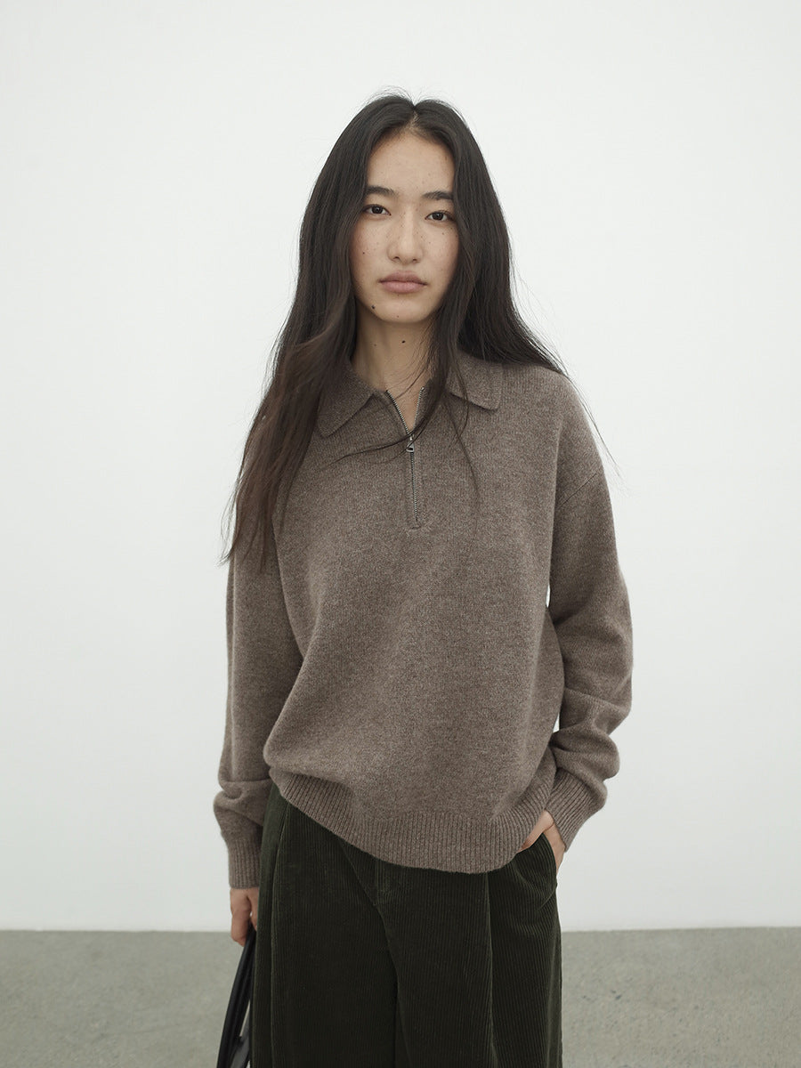 100% Wool Soft Half-Zipper Polo Sweater