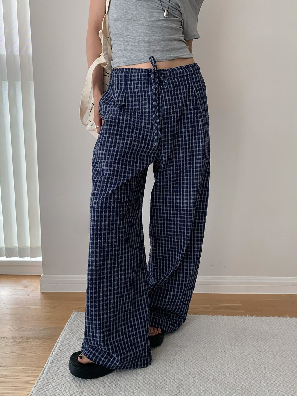 Drawstring Plaid Wide-leg Low-rise Pants