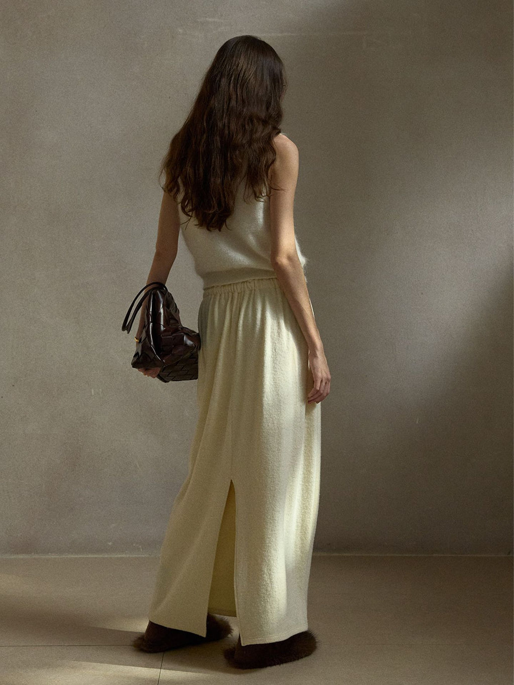 Soft Drawstring Knit Micro-cocoon Maxi Skirt