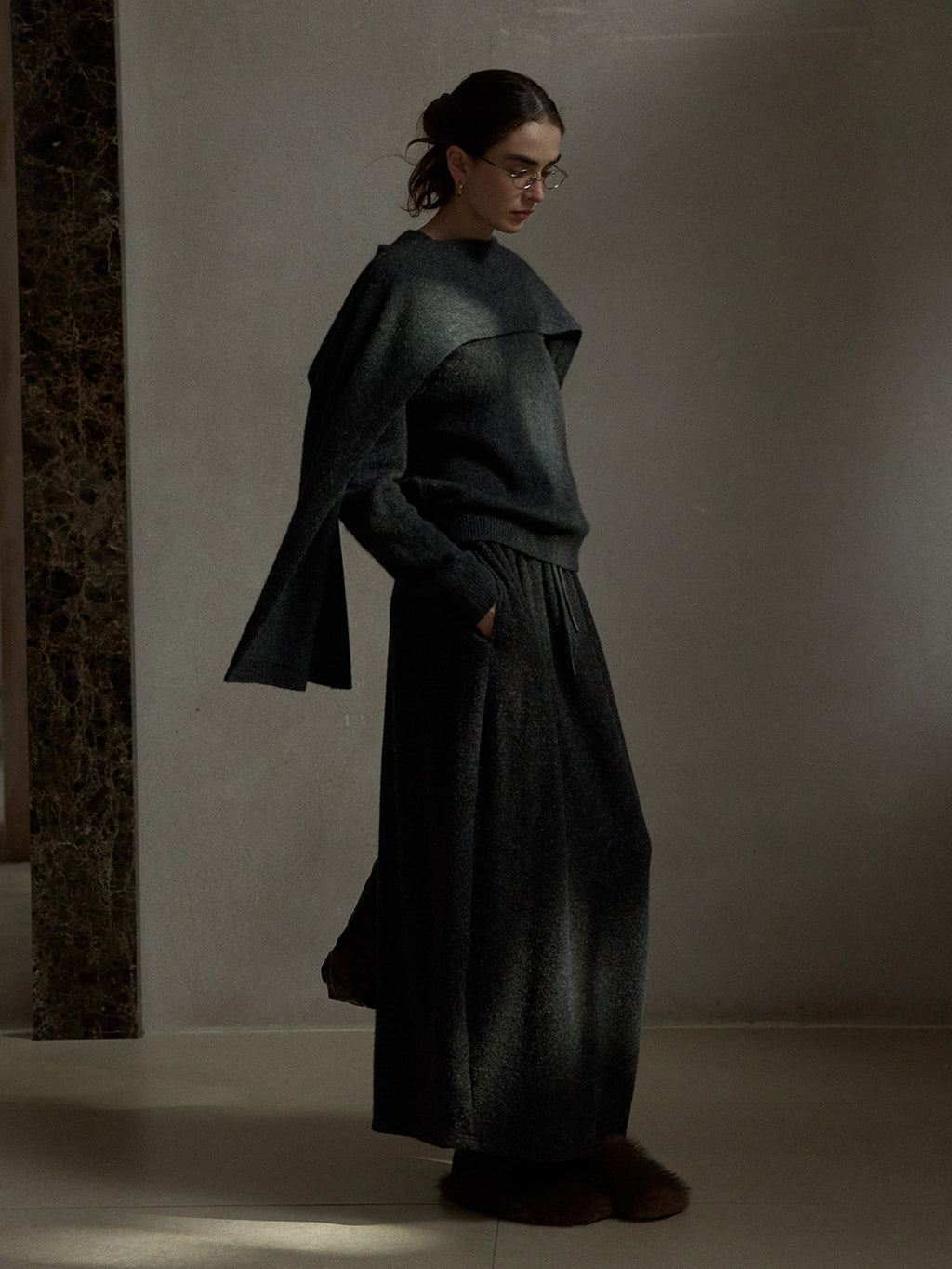 Soft Drawstring Knit Micro-cocoon Maxi Skirt