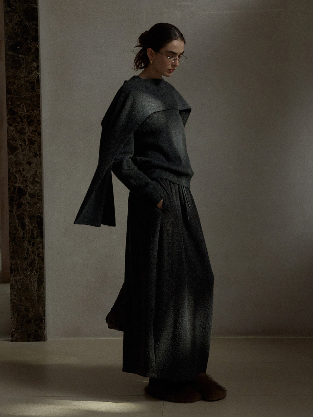 Soft Drawstring Knit Micro-cocoon Maxi Skirt