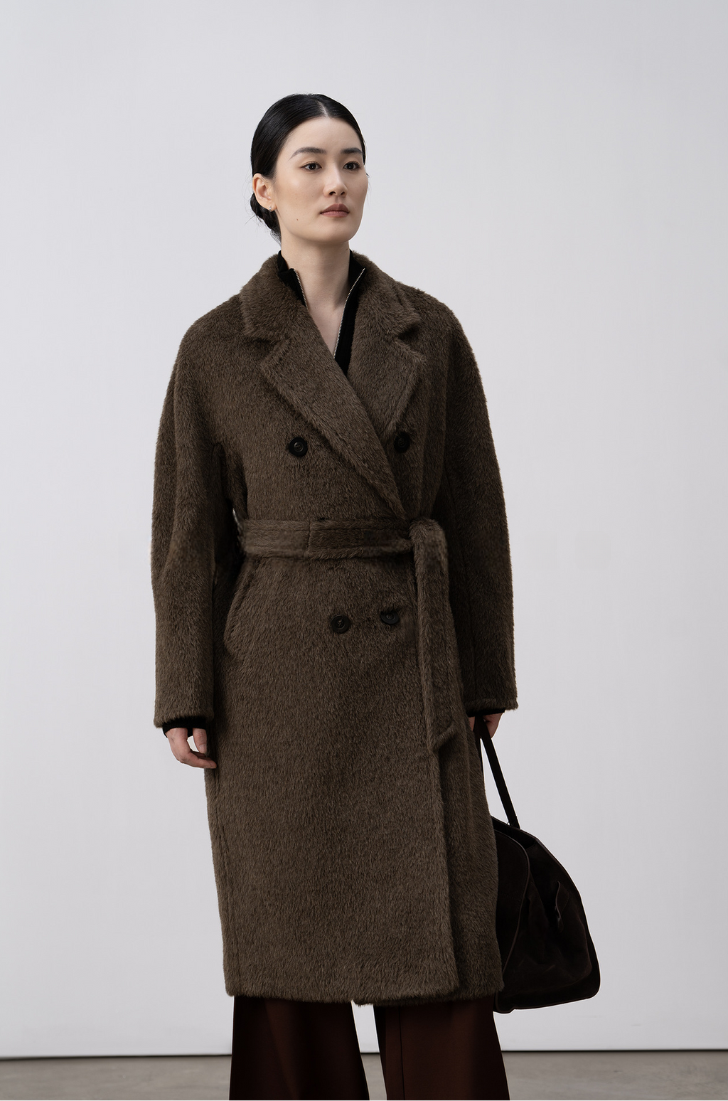 Merino Wool Fluffy Belted Long Coat