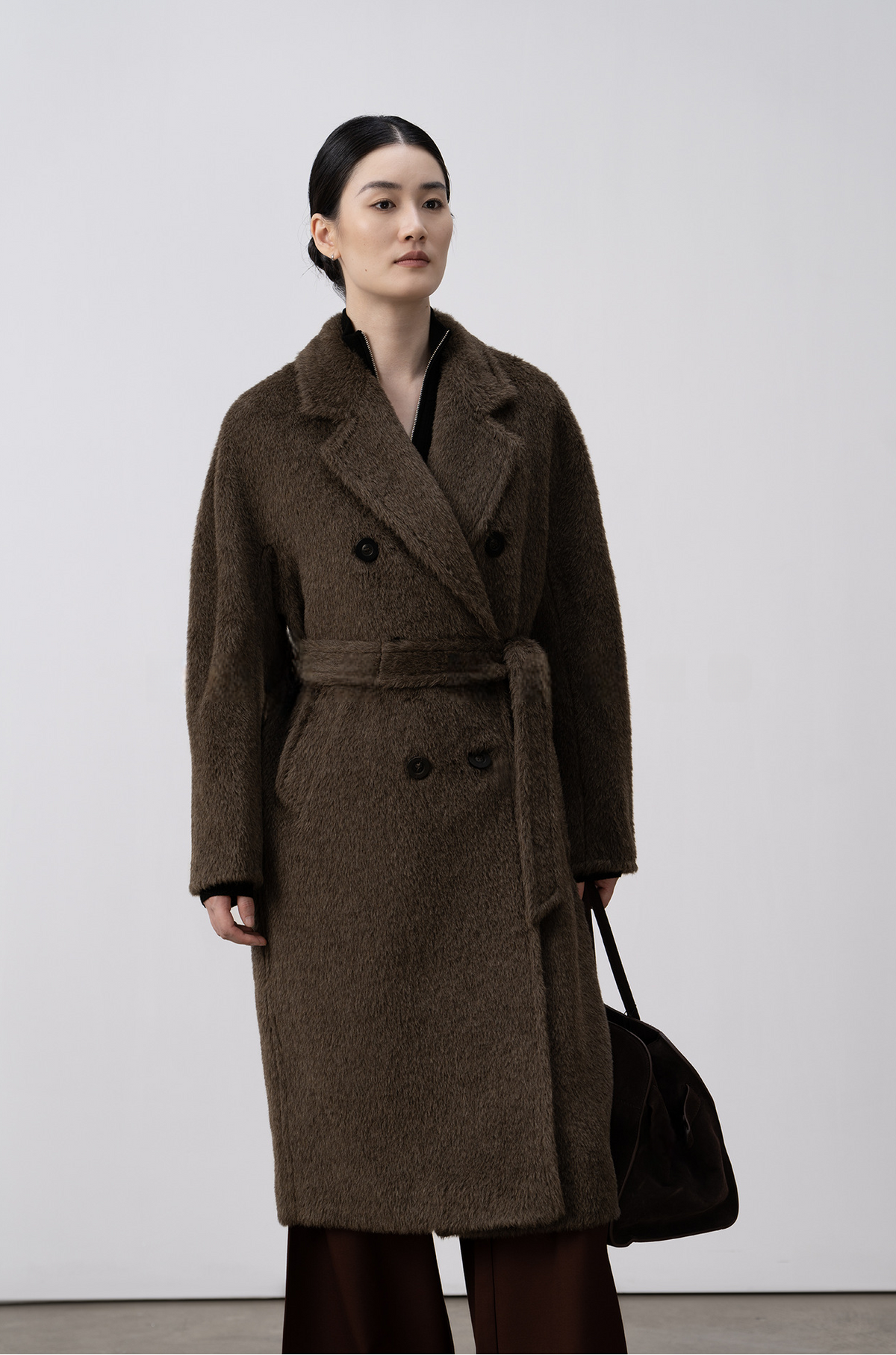 Merino Wool Fluffy Belted Long Coat