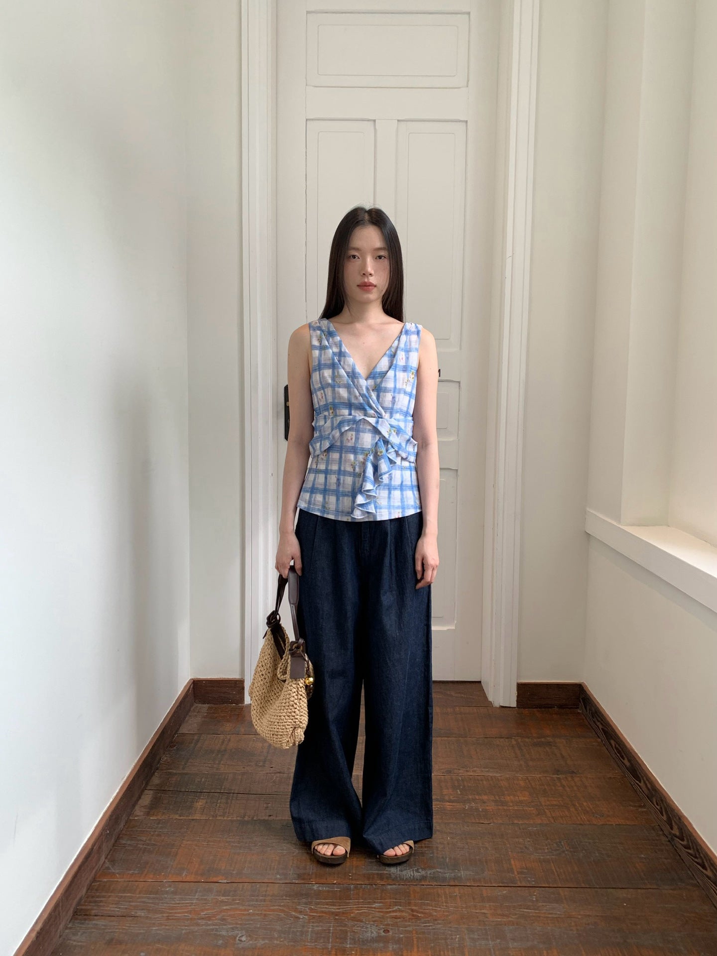 Plaid Wrap Tie Sleeveless Blouse
