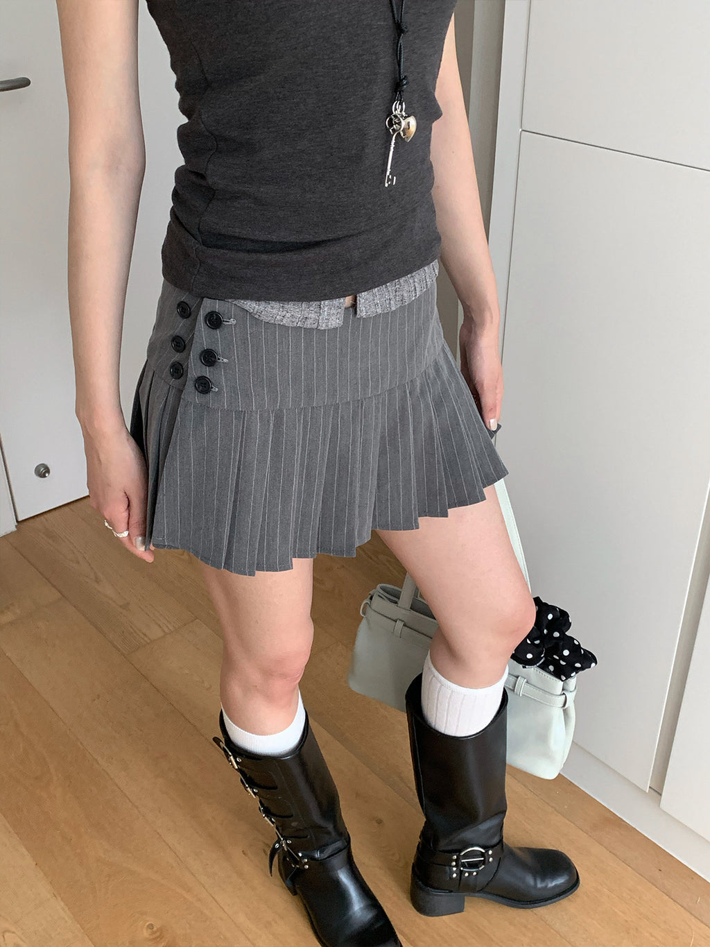 Low Waist Pleated Striped A-Line Skirt