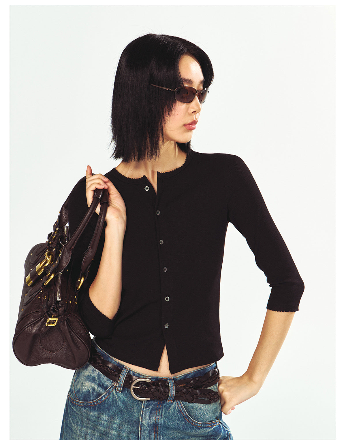 Three-quarter Sleeve Single-breasted Slim Fit Knit Top