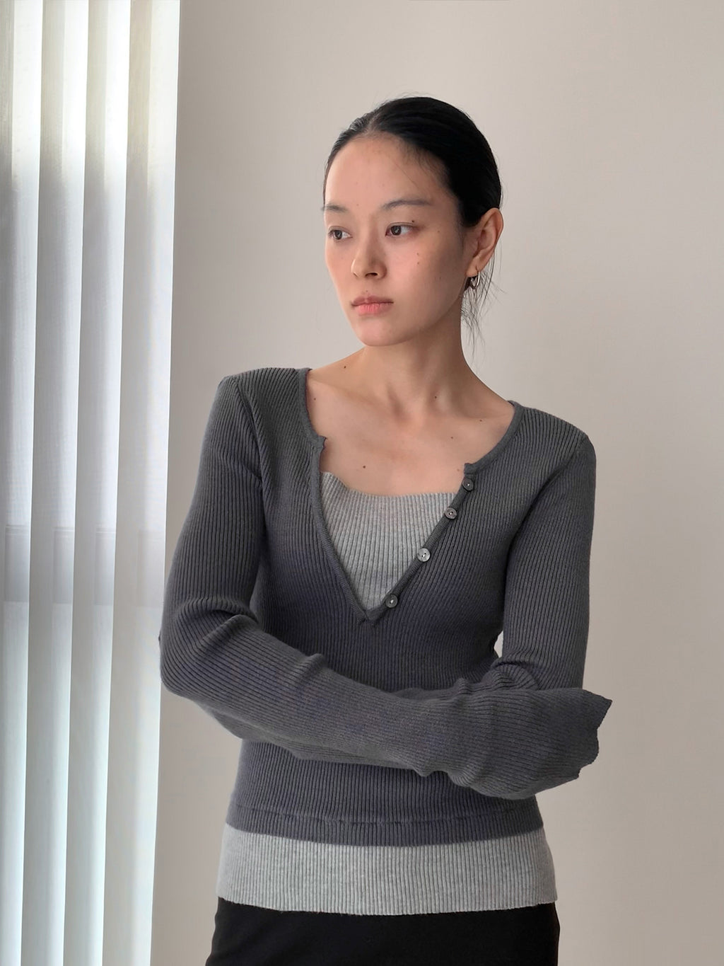 Illusion Two Tops V-Neck Ribbed Long Sleeve Top