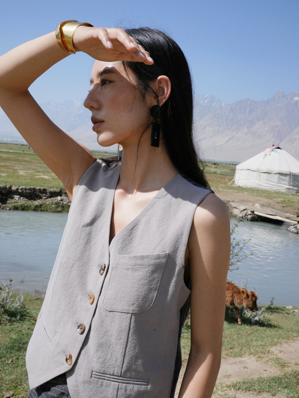 V-Neck Linen Patchwork Suit Vest