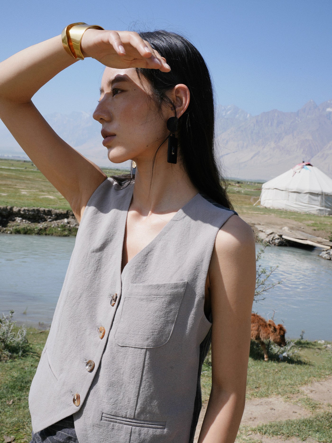 V-Neck Linen Patchwork Suit Vest