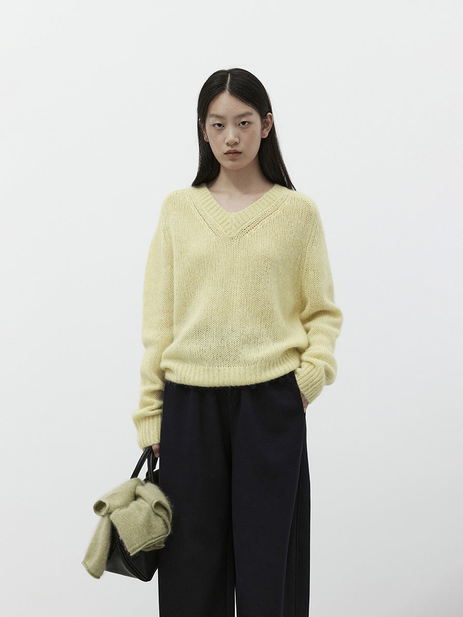 Love with Nancy Thirteen Lines Minimalist Winter Korean Style Floral Tulle V-neck Loose Thickened Warm Mohair Sweater for Women 03254