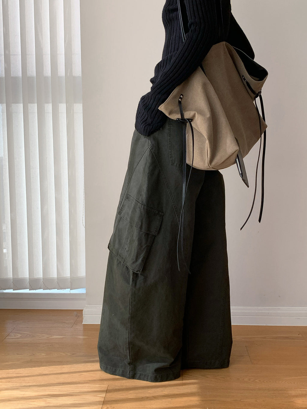 Baggy Wide Leg Cargo Pants with Angled Seam Detail