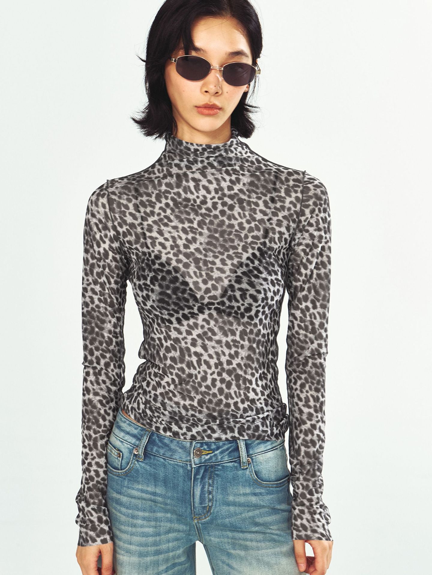 Vintage Style Print Mesh Base Layer Long-sleeve Top