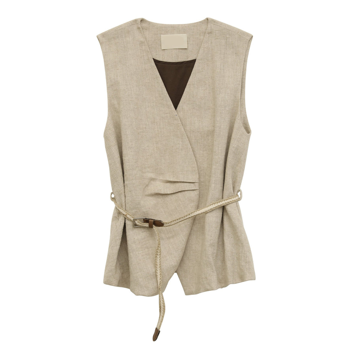 Textured Linen Blend Cross Sleeveless Vest with Belt