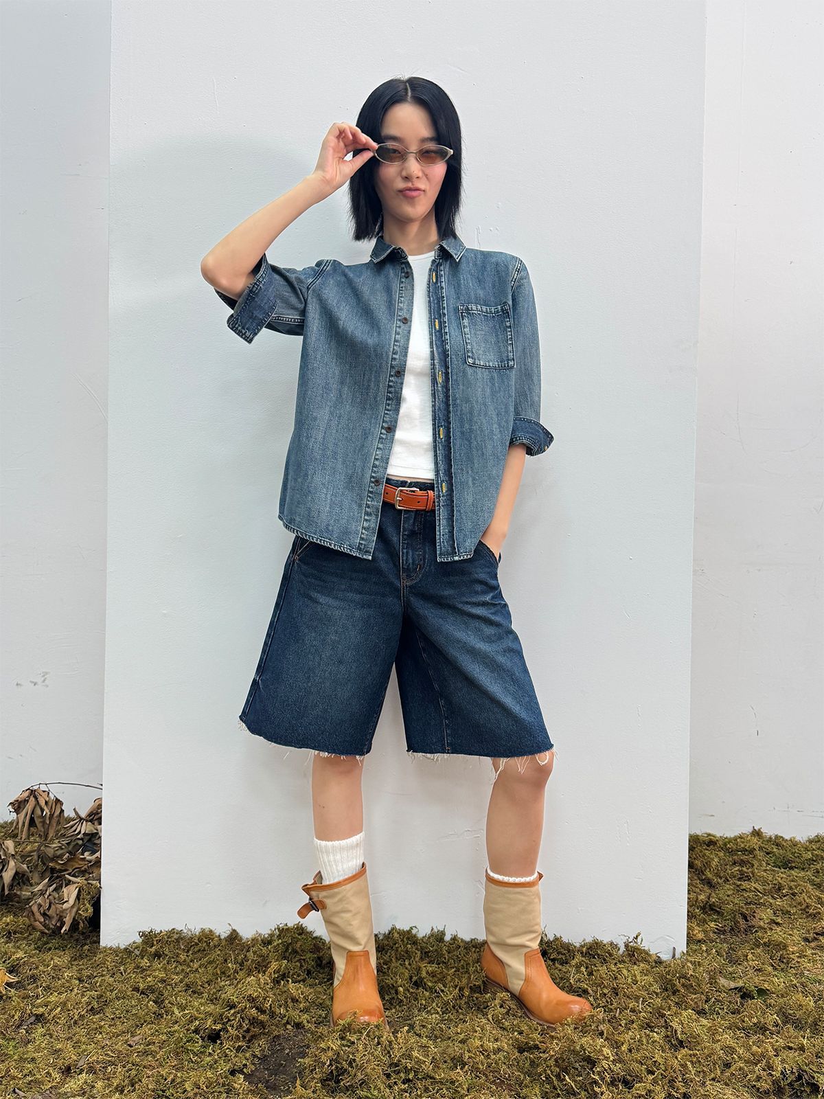 Three-Quarter Sleeve Denim Shirt