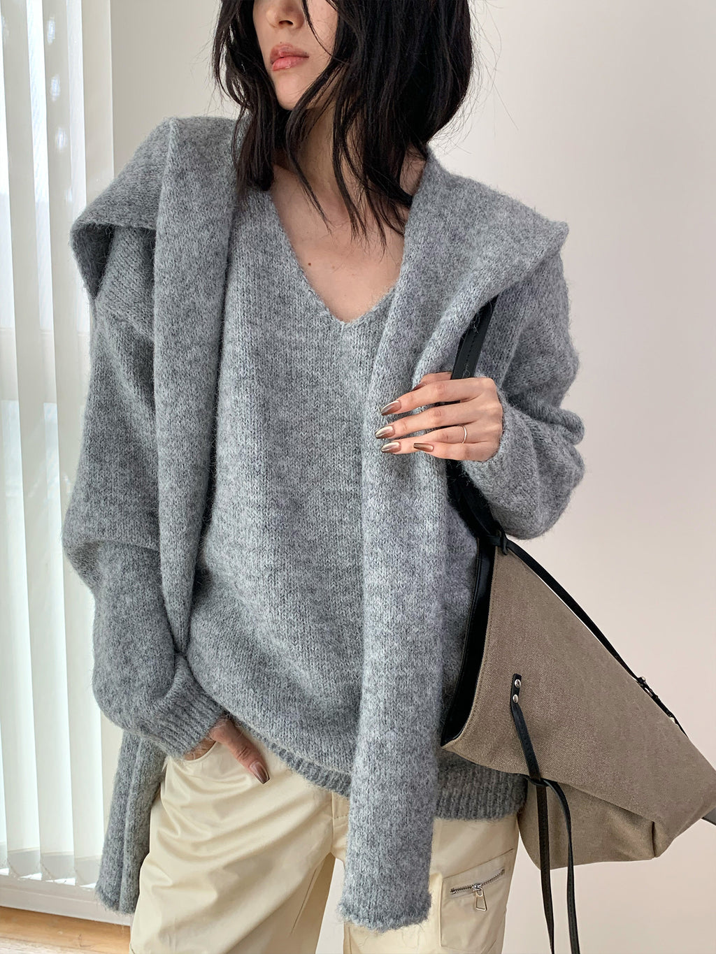Fluffy V-Neck Knit Sweater with Scarf