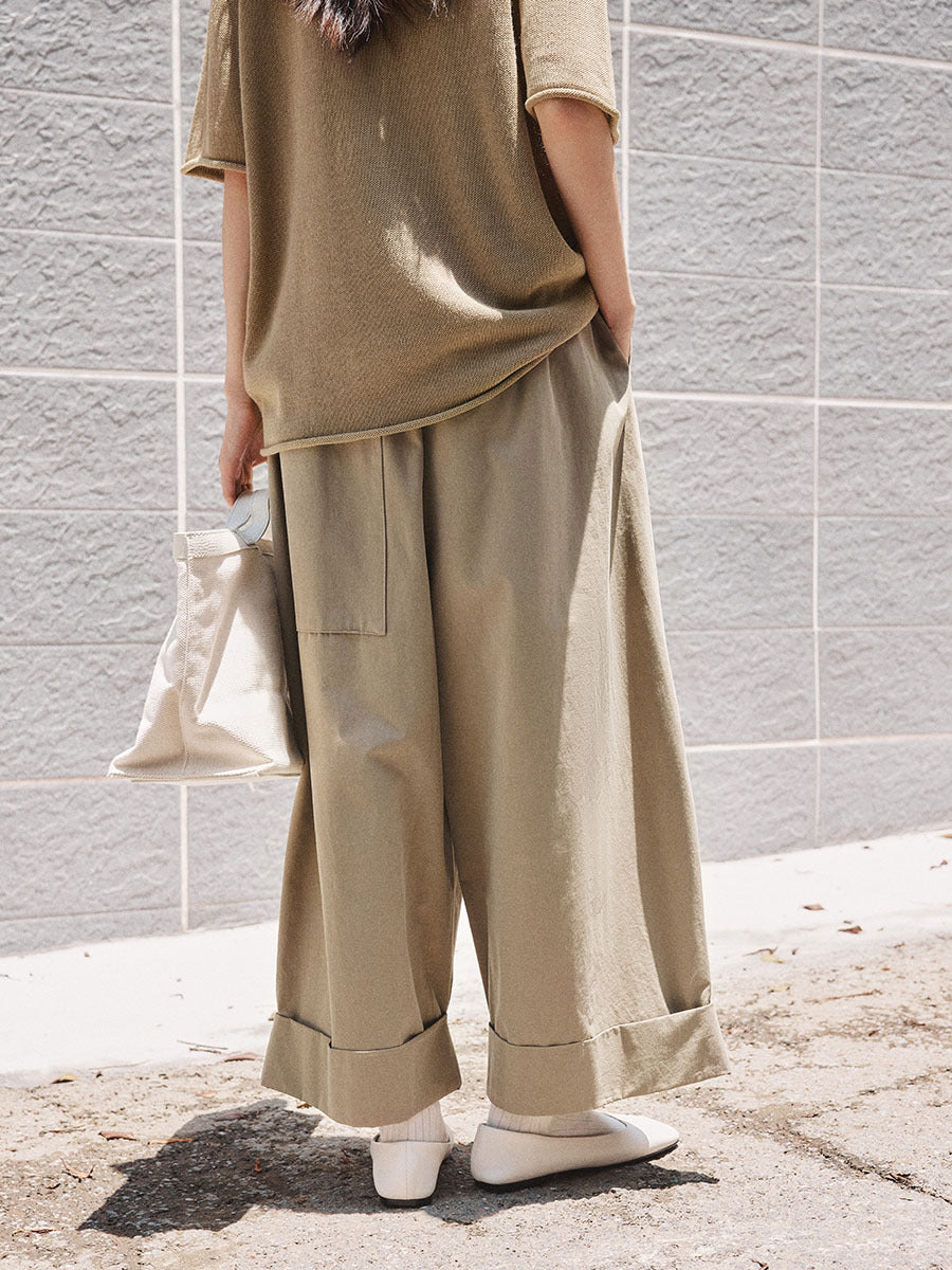 Wide-leg High-waisted Folded Crop Pants