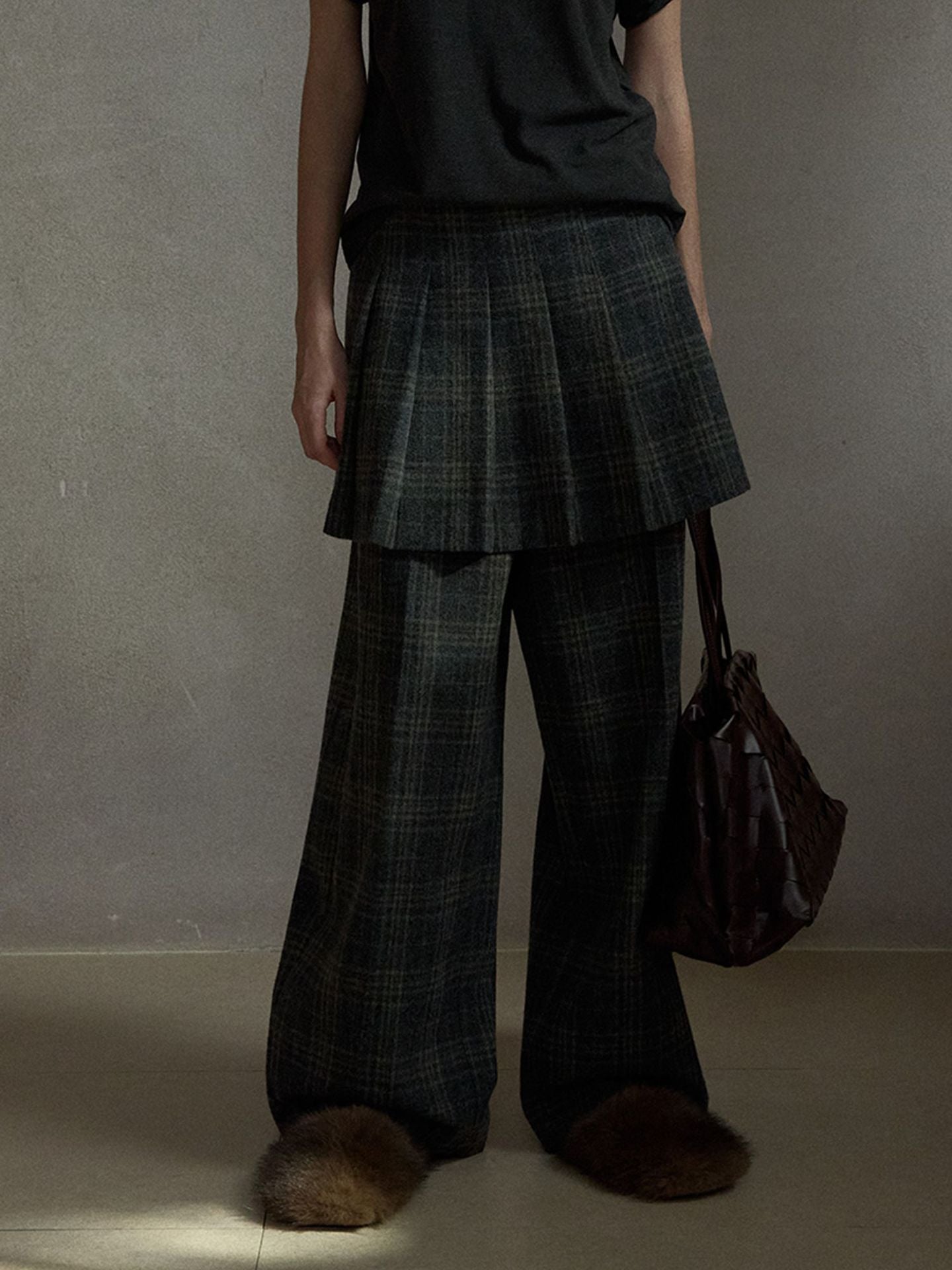 Wool Vintage Style Plaid Pleated Wide-Leg Pants (Pants Only)